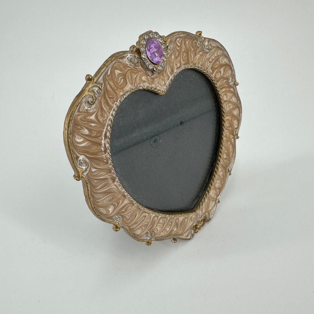 Ornate Heart Shaped Marbled Enamel Picture Frame Purple Rhinestone Gold Tone - Picture 2 of 7